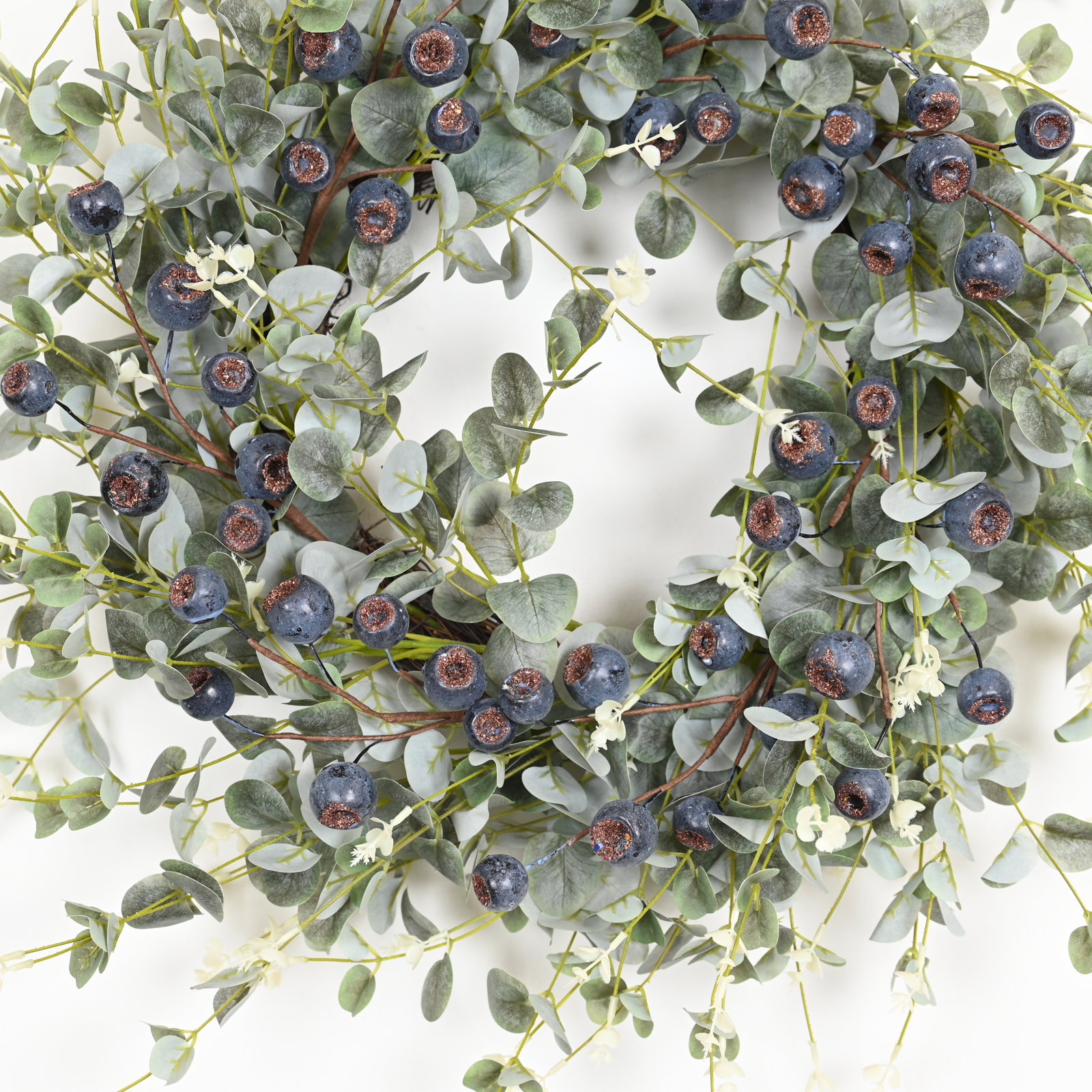 26" Artificial Farmhouse Spring Summer Blossom Cluster Greenery Eucalyptus Berry Front Door Wreath, Green/Blue