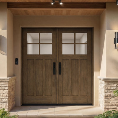 CRF-P3G4-SW-80 | 80" Double Door, RTA Prehung Exterior, SDL 4 Lite, 3 Panel, Unfinished Mahogany Wood