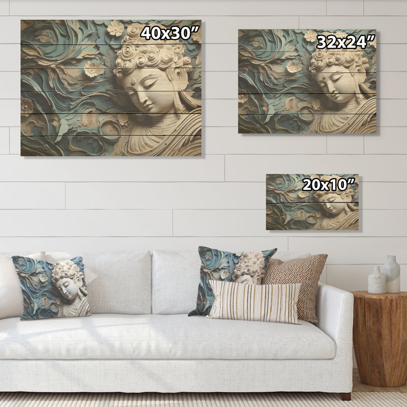 Statue religieuse bouddhisme I - Art mural en bois de bouddhisme sur bois de pin naturel, H 24 po x l 32 po