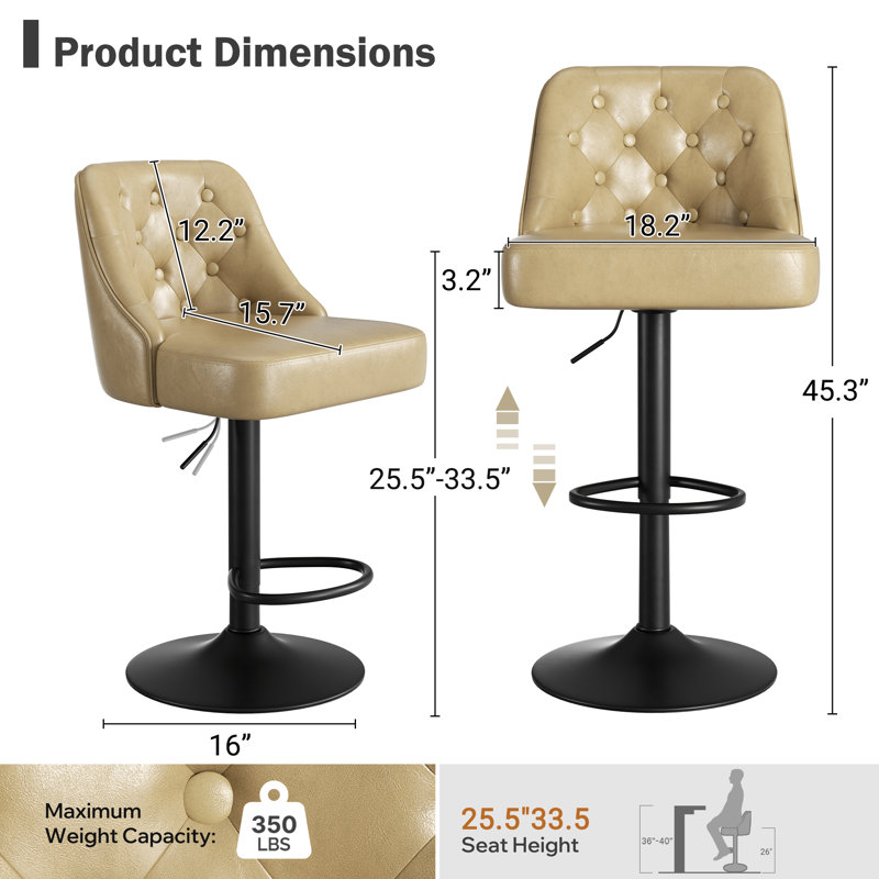 360-Degree Rotatable Faux Leather Bar Stool With Button Stitching, Khaki
