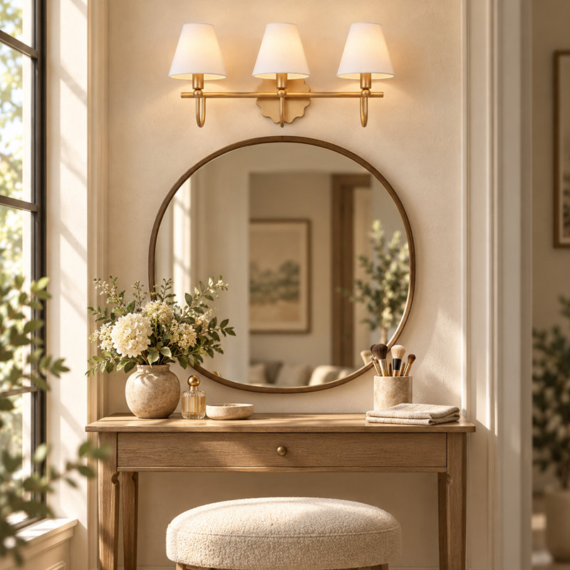 26" W 3-Light Dimmable Linear Bathroom Vanity Light with Fabric Shade