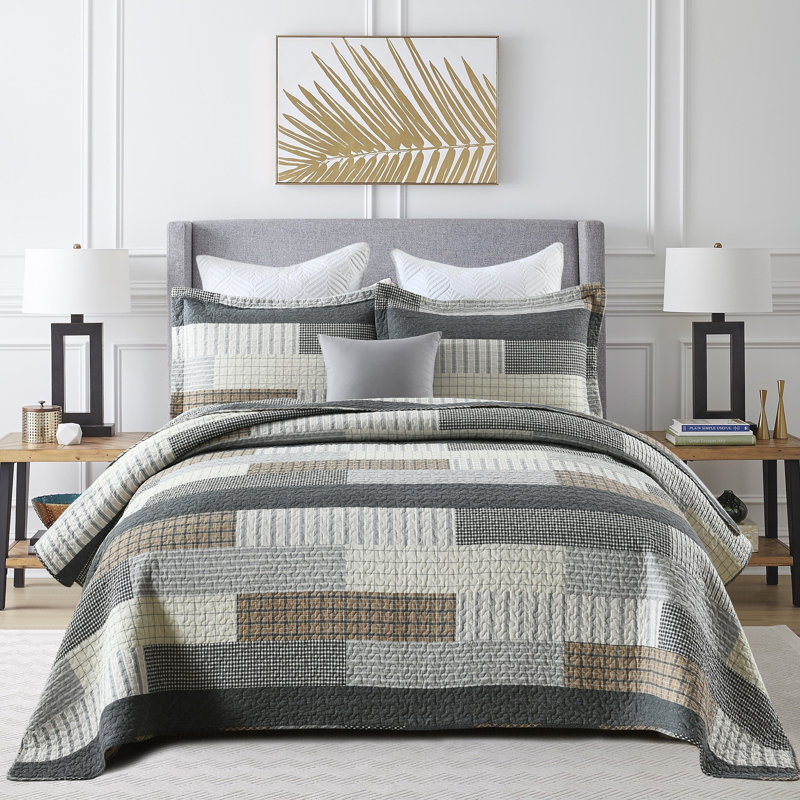 King Size Grey Tan Black Cotton Patchwork Quilt Set