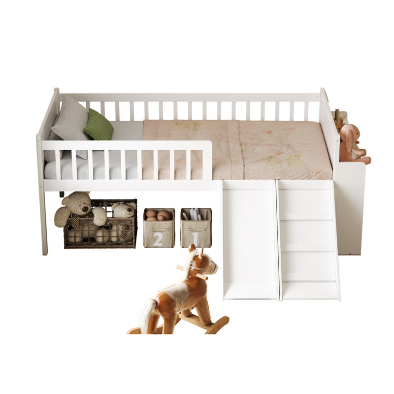 Structure de lit simple avec tablette de rangement, structure de lit en bois avec glissière et échelle, lit plateforme simple avec garde-corps, aucun sommier requis, assemblage facile, blanc