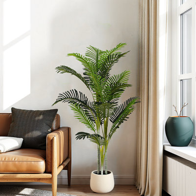 Arbre artificiel 61 po de 2 en pot, aspect tropical, pré-empoté, feuilles réalistes, cadre en fer flexible avec 2, style Evergreen, sans entretien, branches pour la décoration intérieure