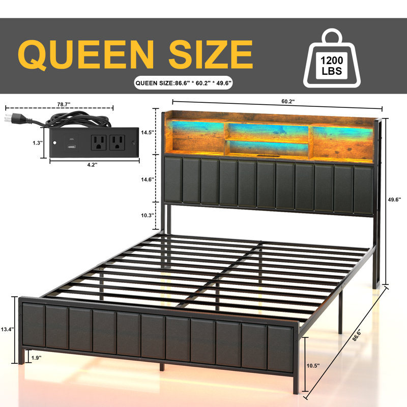 Platform Bed Frame With Storage Upholstered Shelves Headboard, Queen