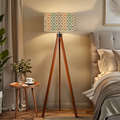 Lampe sur pied à trépied rétro Starburst Wavy Lines Mid-Century moderne abstrait à télécommande à DEL avec pieds en bois de hêtre et abat-jour en lin amovible pour le salon et la chambre à coucher