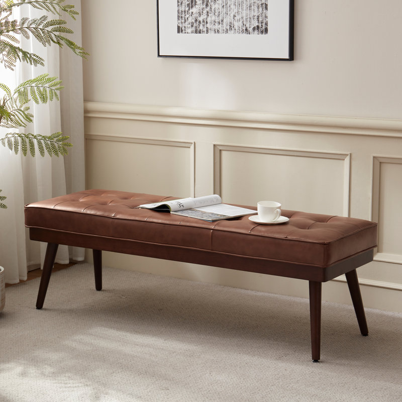 Mid - Century Modern Tufted Genuine Leather Bench with Solid Wood Legs, Brown