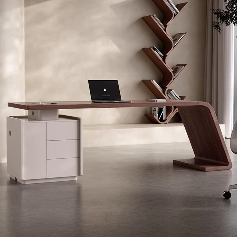 Bureau rectangulaire en bois massif noyer et blanc avec 3 tiroirs, H 29,53 po x l 70,87 po x P 27,56 po, Retour à gauche