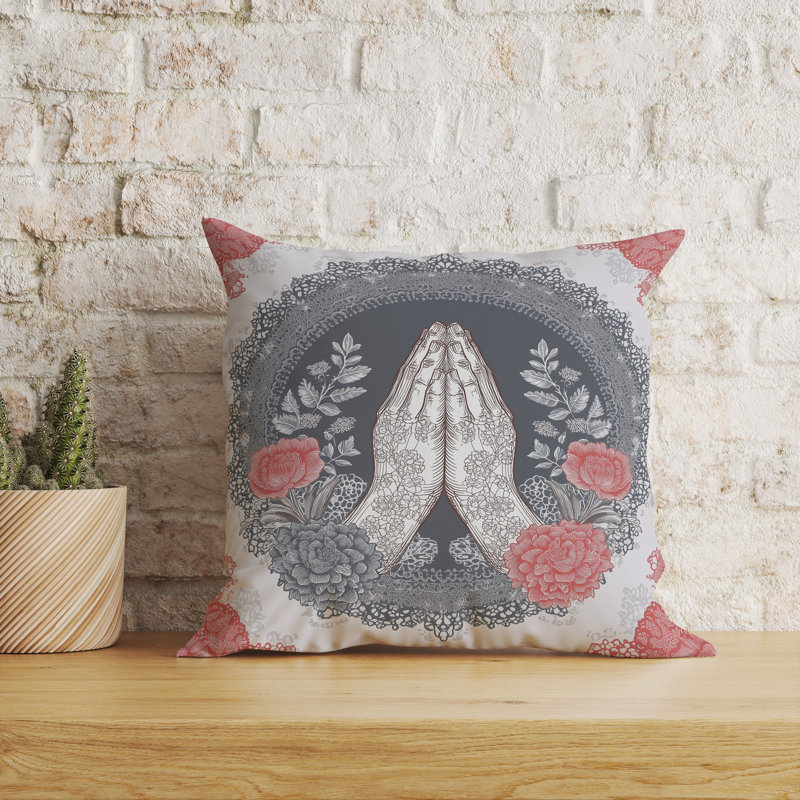 Lotus Bloom Sanctuary Intérieur/Extérieur 18x18, Square 18", Grey/Coral