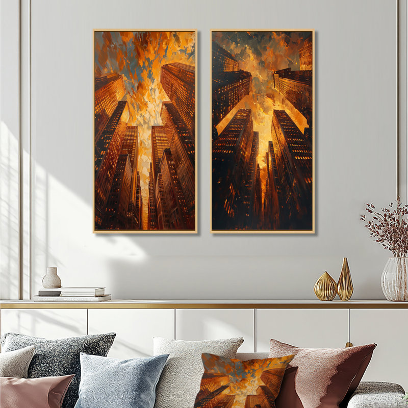 Ensemble de 2 pièces Golden Perspectives gratte-ciel Symphony I - Skyscrapers, H 28 po x l 24 po, Impression encadrée, Érable