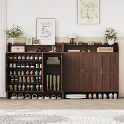 47" Farmhouse Shoe Cabinet with 3 Doors, Adjustable Shelves & 2-Layer Open Storage Rack, 5-Tier Shoe Organizer for Entryway Living Room