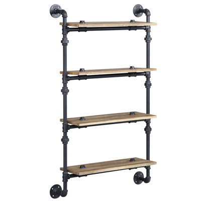 Support mural avec 4 tablettes, structure en métal à niveaux avec style de conduite d'eau, finition chêne et noir sablé, placage, largeur de tablette de 23 po, distance de 12 po, capacité de 10 lb dans le cadre, conception de style, dimensions de l 9