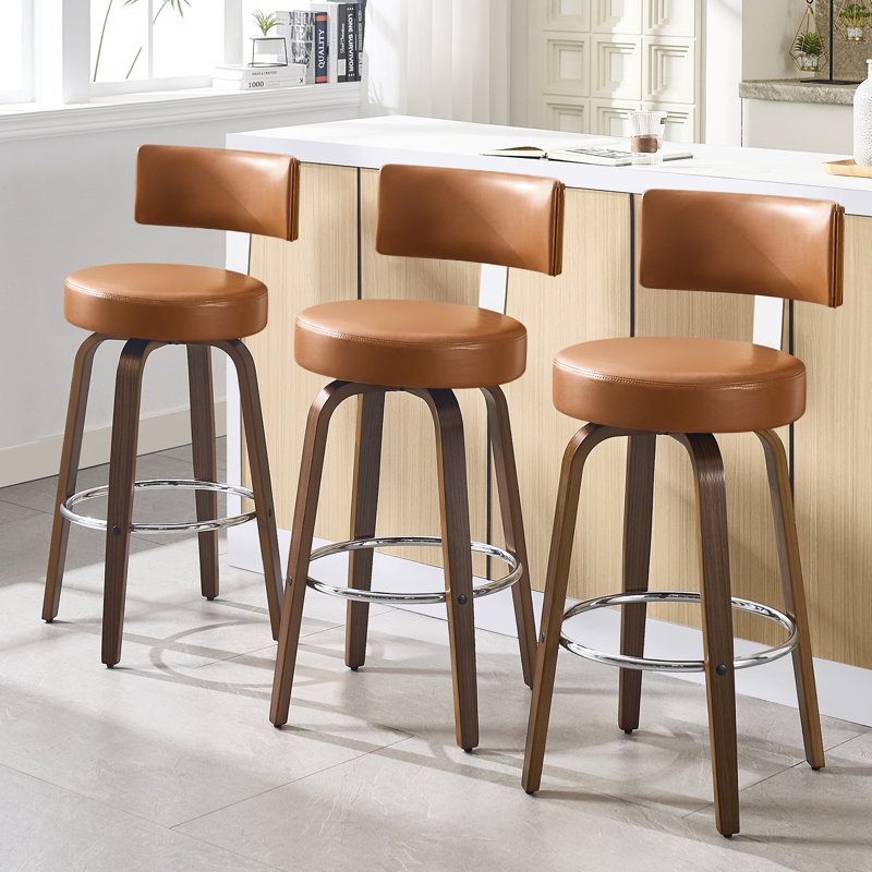 Brown Faux Leather Swivel Bar Stools with Walnut Wood Legs, Set of 3