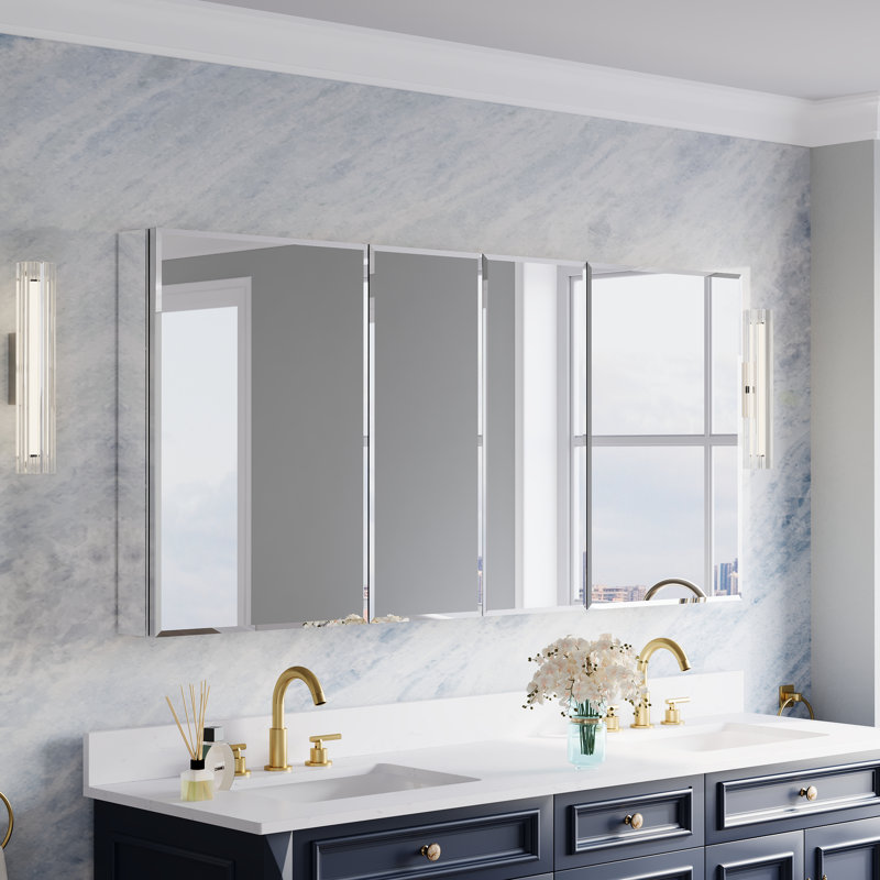 Ensemble miroir de salle de bain encastré ou en saillie, 64 po L x 30 po H, avec armoire à pharmacie biseautée et étagères en verre ajustables