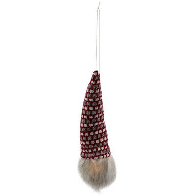 8" Lighted Red White and Gray Knit Gnome Head Christmas Ornament
