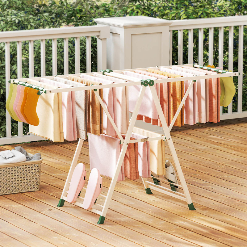 Foldable Metal Laundry Drying Rack with Height Adjustable Wings, 18 Drying Rails Beige, Beige/Green, 62" H x 64" W x 22" D