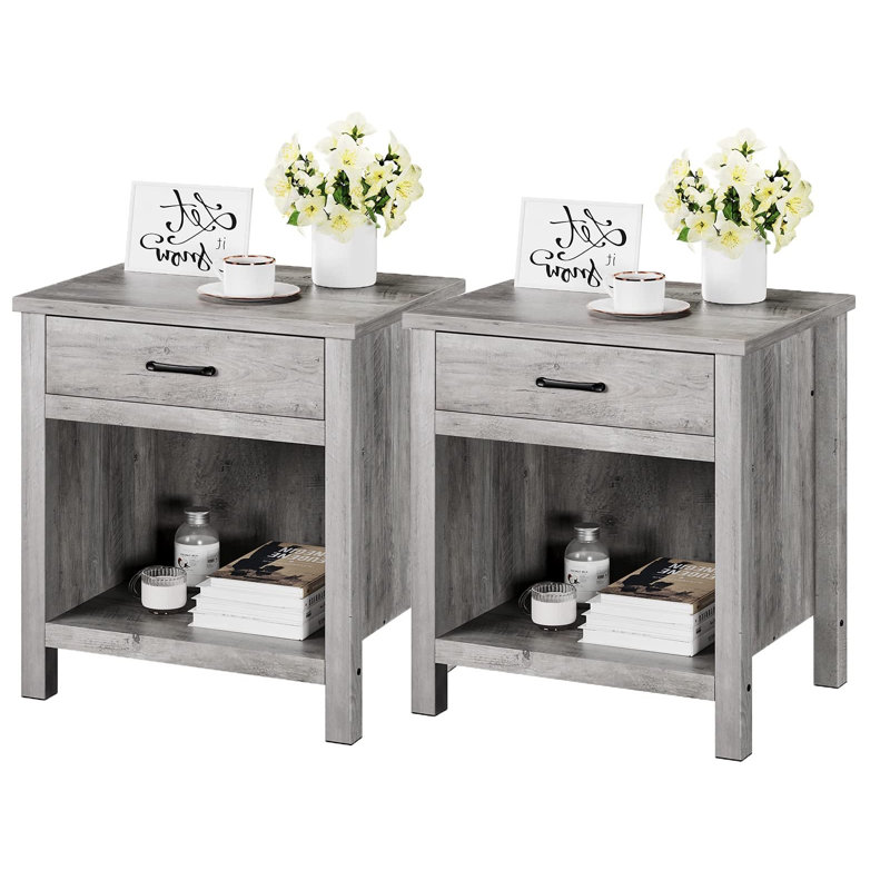 Ensemble de 2 tables de bout, table de bout de salon avec tiroir et tablette de rangement, tables de chevet modernes pour canapé de chambre à coucher, bureau de chambre de bébé (ensemble de 2)