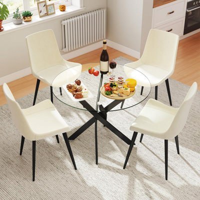 Table de salle à manger en verre avec pieds en métal noir, plateau de table rond en verre trempé de 35,5 po, table de salle à manger moderne en verre circulaire pour le bureau d'un appartement