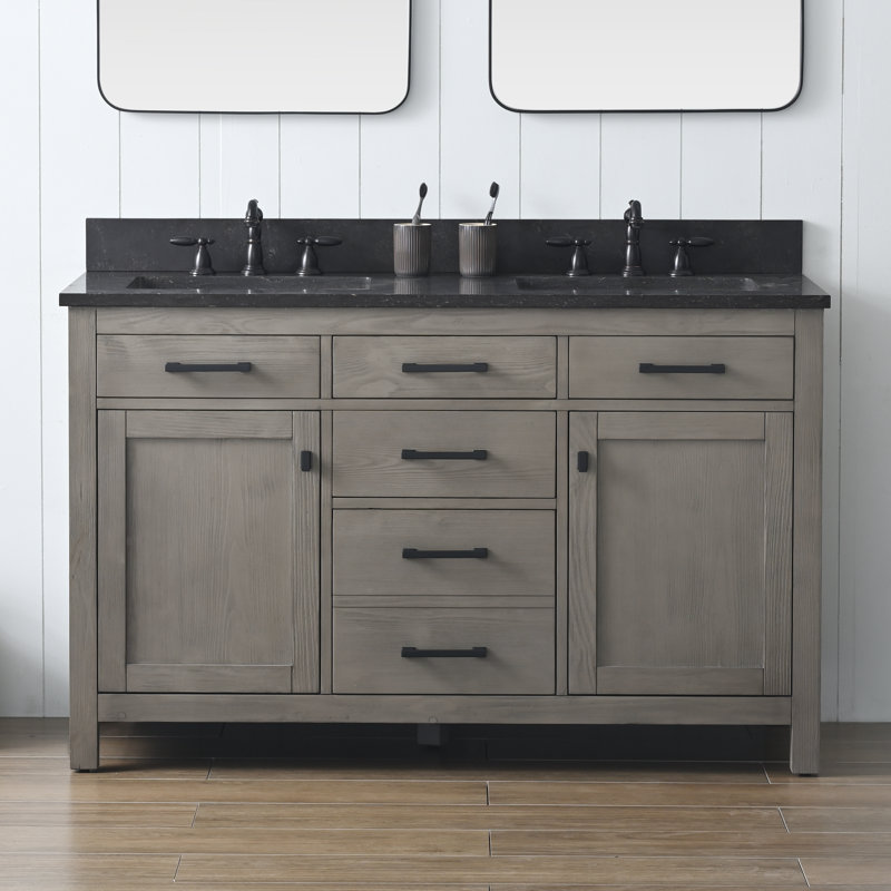 Ensemble de meuble-lavabo double 54 po Ajiya, Gris texturé / noir mat, Calcaire bleu