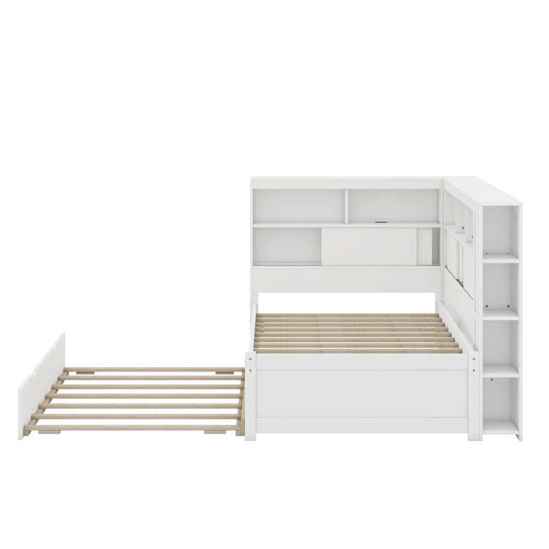 Twin Size Wood Daybed With Storage Shelves, USB And Trundle, White