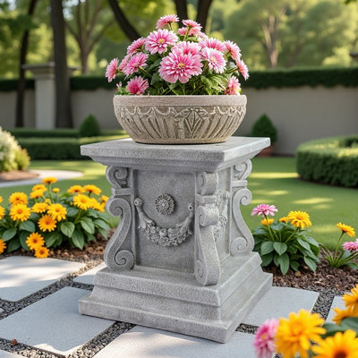 Support à pilier romain H 12,3 po, support à plante classique en pierre d'aspect pierre et base de sculpture de jardin pour patio et cour, pendaison de crémaillère idéale et cadeau de fête des Pères