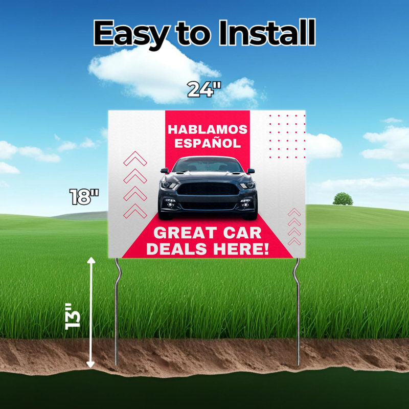 Hablamos Español – Great Car Deals Here! Yard Sign by DC | 24"x18" Double Sided Automobile Garden Sign with 13” Metal Stakes | Waterproof Signs for Lawn, Patio, Sidewalk & House | Set of 5