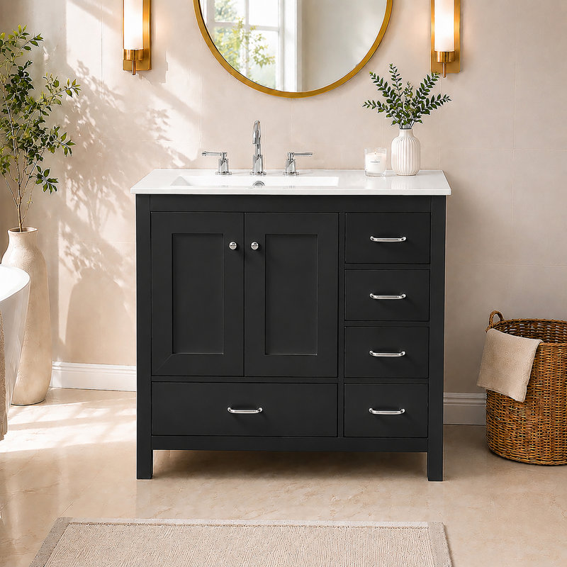 Meuble-lavabo blanc 36 po avec lavabo en céramique, meuble-lavabo autoportant avec 5 tiroirs et 2 portes à fermeture en douceur, petit rangement