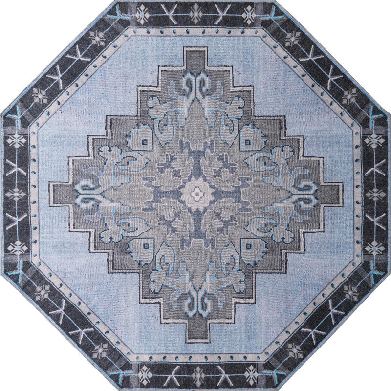 Tapis traditionnel de couleur gris-bleu, Octogone 7 pi 6 po x 7 pi 6 po