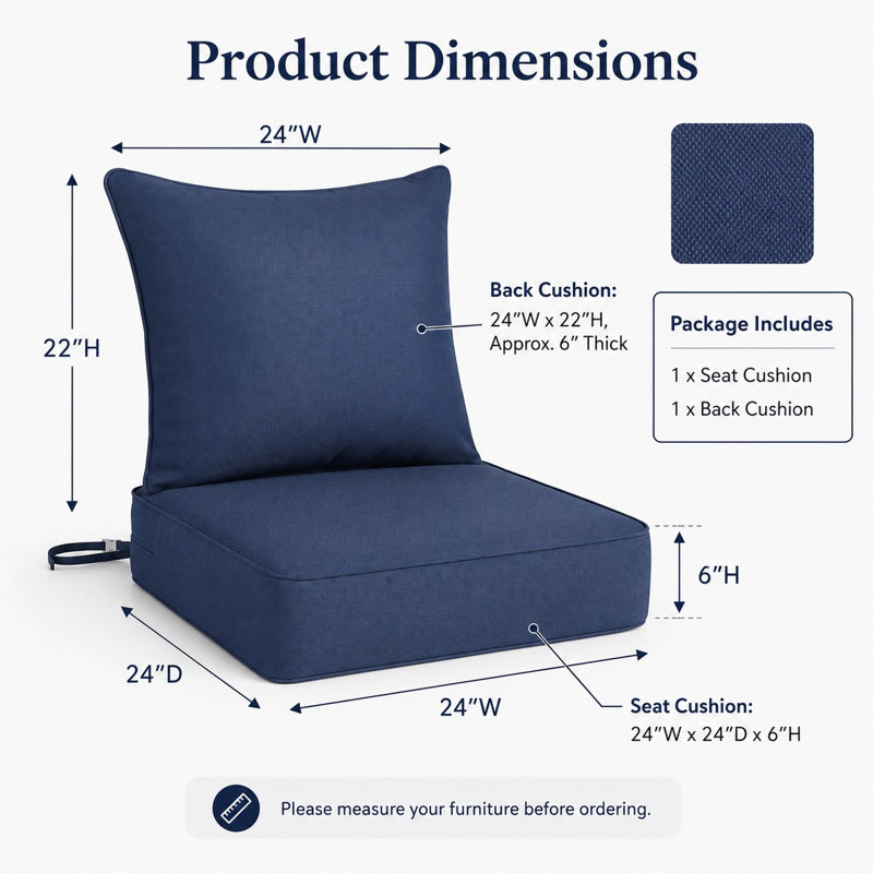 Ensemble de coussins de remplacement pour siège profond 24 po x 24 po avec coussin de dossier, coussin de siège épais de 6 po, tissu d'oléfine, bleu marine, 1 ensemble (2 pièces)