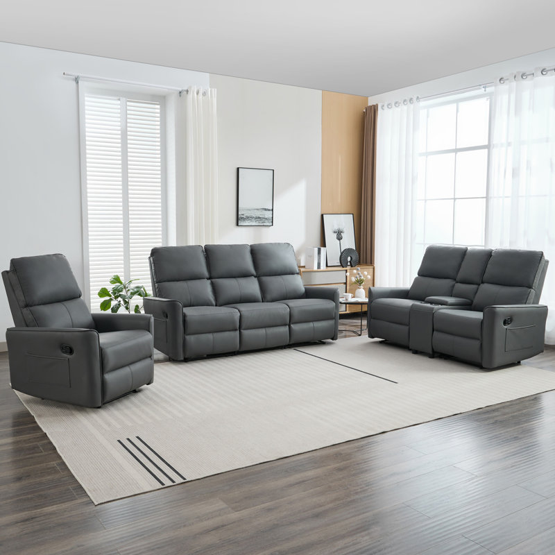 Saagar 6 Seater Faux Leather Reclining Sofa, Grey
