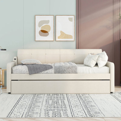 Twin Size Upholstery Daybed With Trundle And USB Charging Design,Trundle Can Be Flat Or Erected