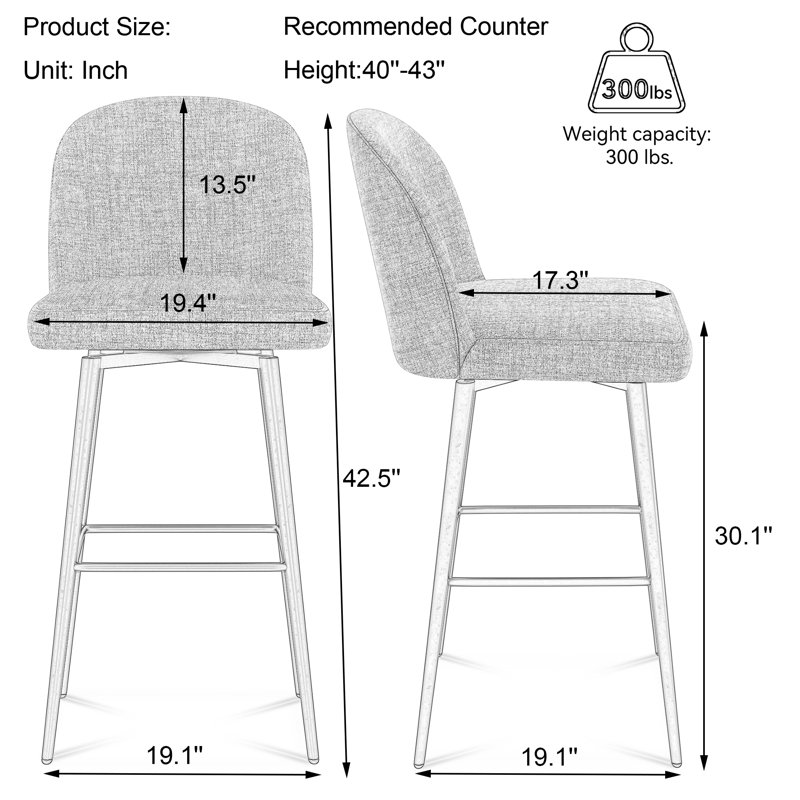 Tabouret de bar et de comptoir pivotant Malakeh, Tabouret de bar (siège d'une hauteur de 30,1 po), Gris clair