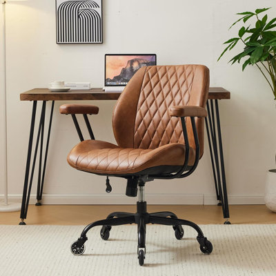 Chaise de bureau à domicile en cuir véritable brun avec roulettes en caoutchouc, soutien lombaire, accoudoirs pivotants et réglables en hauteur