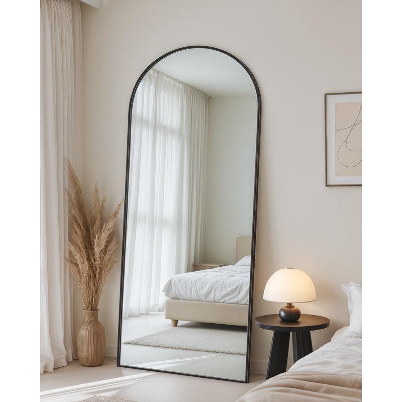 Arched Black Floor Mirror With Stand, 38x77 Inch Freestanding Full Body Mirror For Bedroom, Black, 64" x 21"