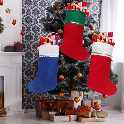 Paquet de 24 bas de Noël en feutre, 19 pouces de bas de Noël bleus et blancs décoratifs, manchette blanche avec garniture de bas de Noël pour les décorations de Noël