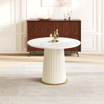 Table de salle à manger ronde moderne, plateau en pierre frittée lustrée avec piédestal en cuir de polyuréthane plissé, pieds réglables pour la salle à manger et la salle de conférence