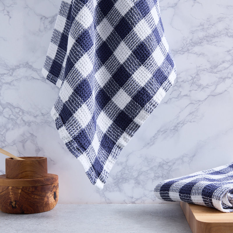 Washed Waffle Dishtowel Set/2, Olive Checker, Denim Blue