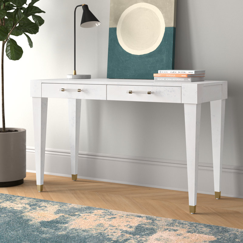 White Acacia Wood Writing Desk with Brass Accents