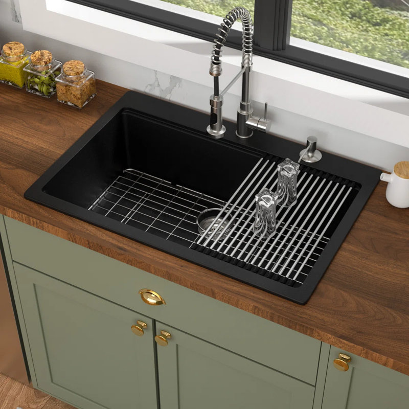 Quartz Workstation Kitchen Sink Drop In Single Bowl Kitchen Sink with Accessories, Noir, 33" L x 22" W