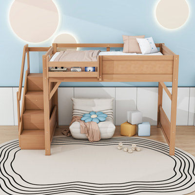 Loft Bed with Built-in Wardrobe, Stairs and Storage Shelves