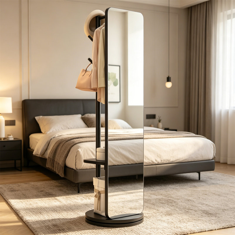 Full Body Mirror With Coat Rack - Solid Wood Floor Mirror, Rotatable Mirror Suitable For Bedrooms, Living Rooms, And Cloakrooms