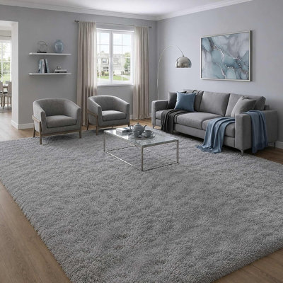 Tapis doux et moelleux gris, lavable à la machine, en peluche, pour salon