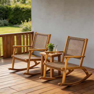 Ensemble de chaises berçantes de patio 2 pièces, chaises berçantes d'extérieur en bois d'acacia avec siège et dossier en osier et rotin, finition naturelle pour la cour, le balcon et la piscine