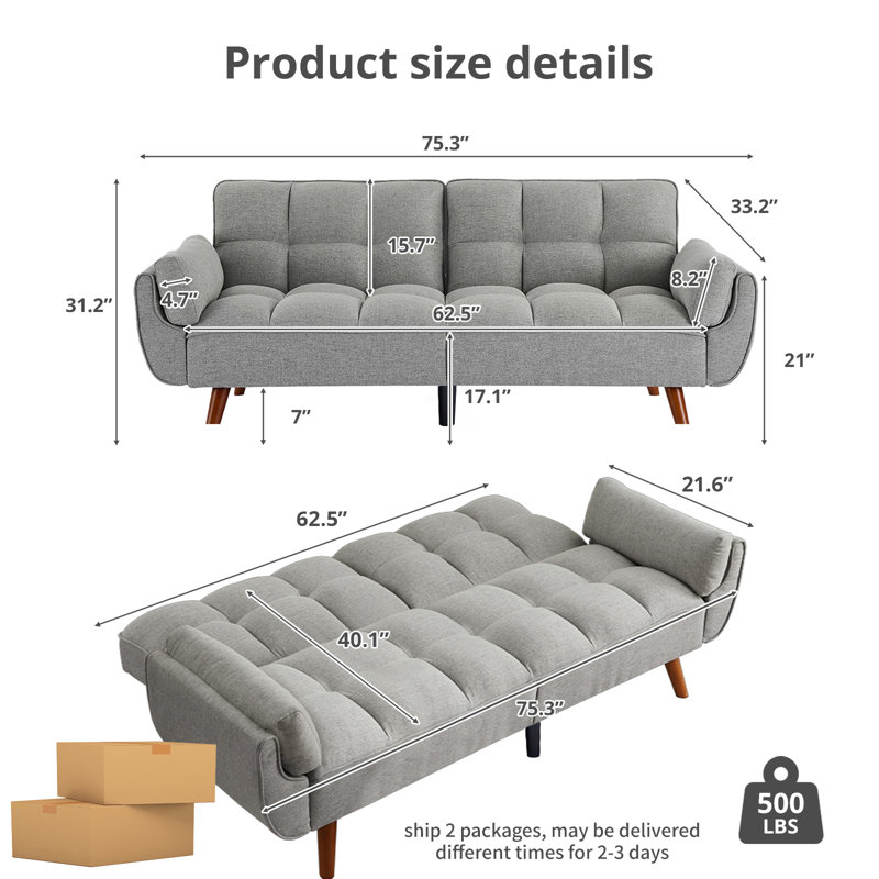 Tarantino Twin 75.3'' Upholstered Convertible Sofa, Light Gray Linen