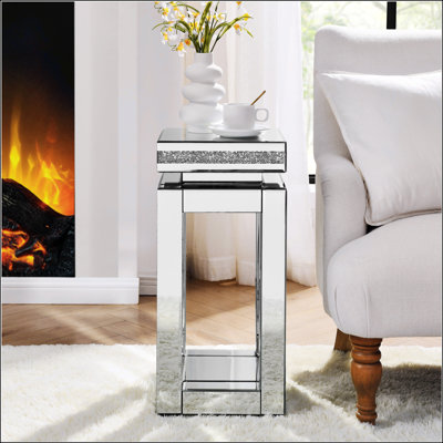 Mirrored End Table Square With Crystals Inlay