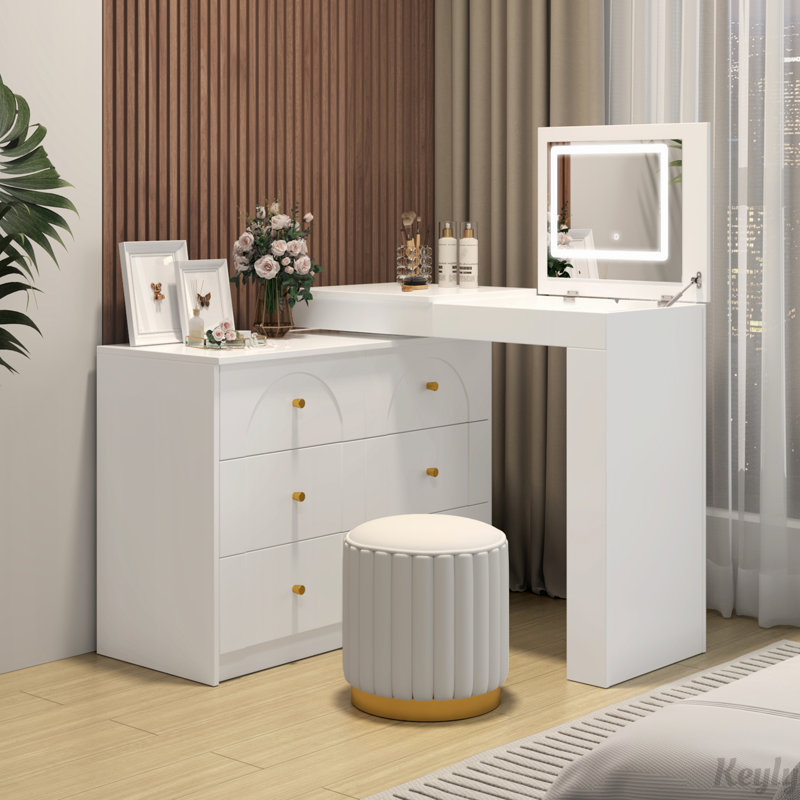 Bureau de maquillage avec miroir et lumières, plateau de table rabattable et rangement 7 tiroirs, Blanc