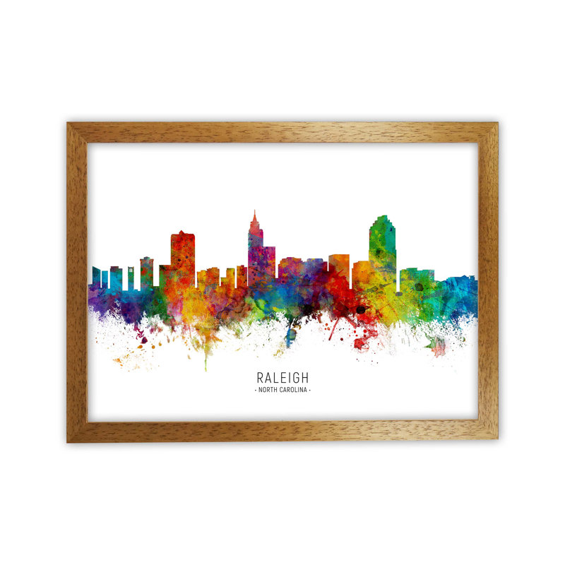 Raleigh North Carolina Skyline by Michael Tompsett - Print, 46cm H x 63cm W x 3cm D, Brown Framed