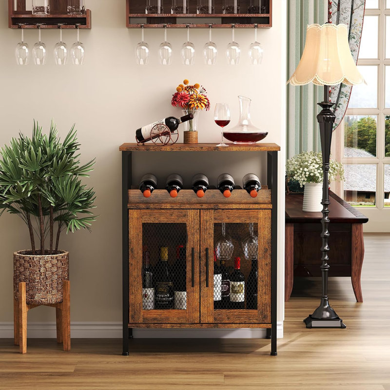 Rustic Brown Industrial Wine Bar Cabinet with Mesh Doors