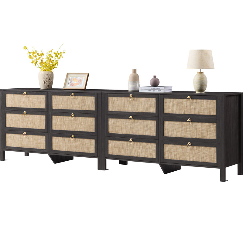 Pomodoro 51" W Rattan 6-Drawer Dresser With Golden Handles — Coastal Boho Bedroom Storage Chest, Obsidian