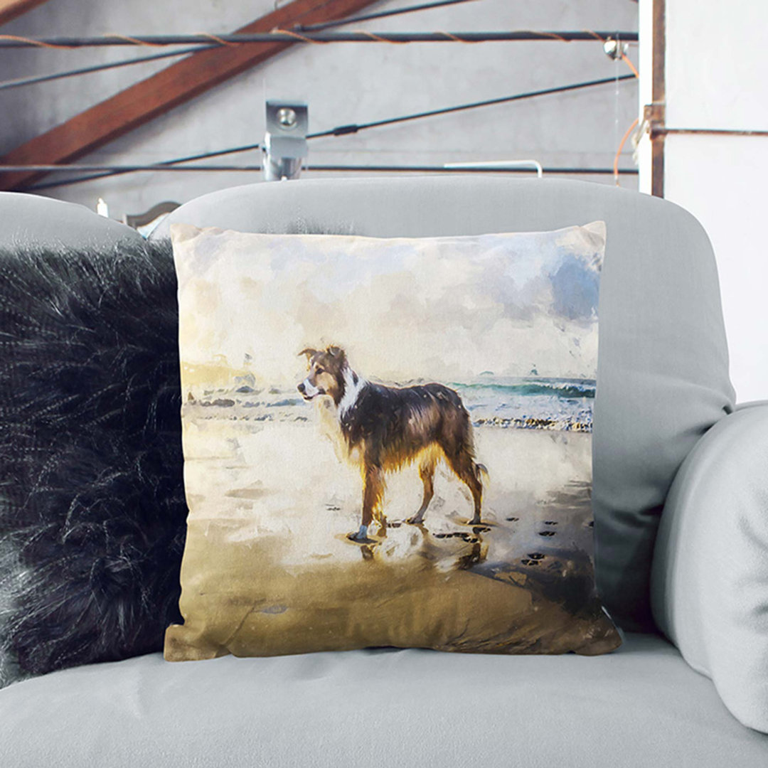 Border Collie Dog at the Beach in Abstract Cushion with Filling